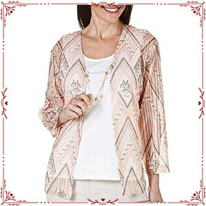 Alfred Dunner Women's M Pink and Brown Chevron Open Front Top